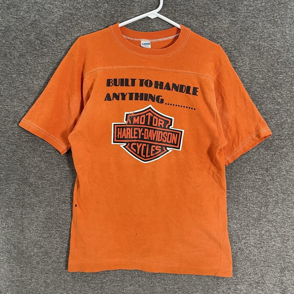 Vintage 70s Champion Blue Bar Harley-Davidson Shirt Mens L Orange Single Stitch